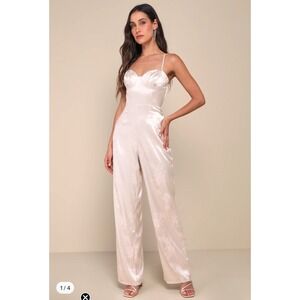 Lulus Sincerely Sensational Cream Satin Jacquard Lace-Up Jumpsuit
